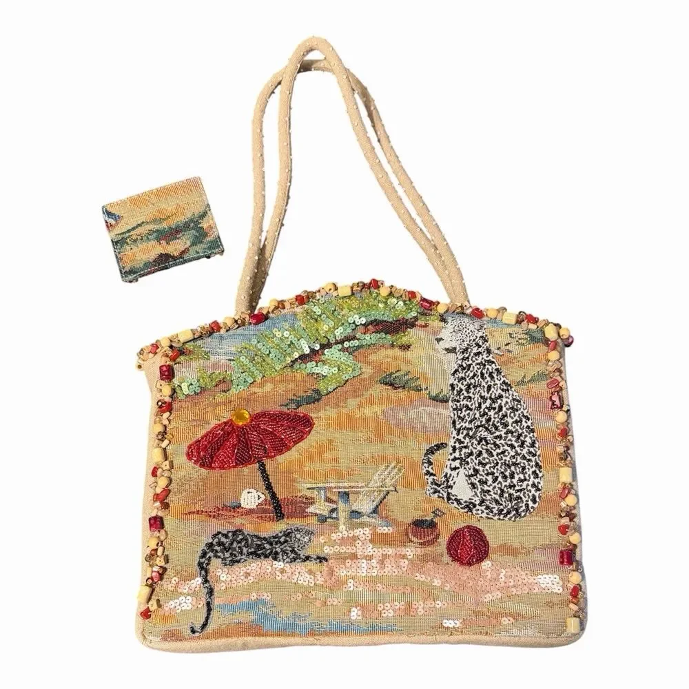 Mary Frances Leopard Beach Tapestry Beaded Sequin Tote Bag Mirror Magnetic Snap - Picture 2 of 13